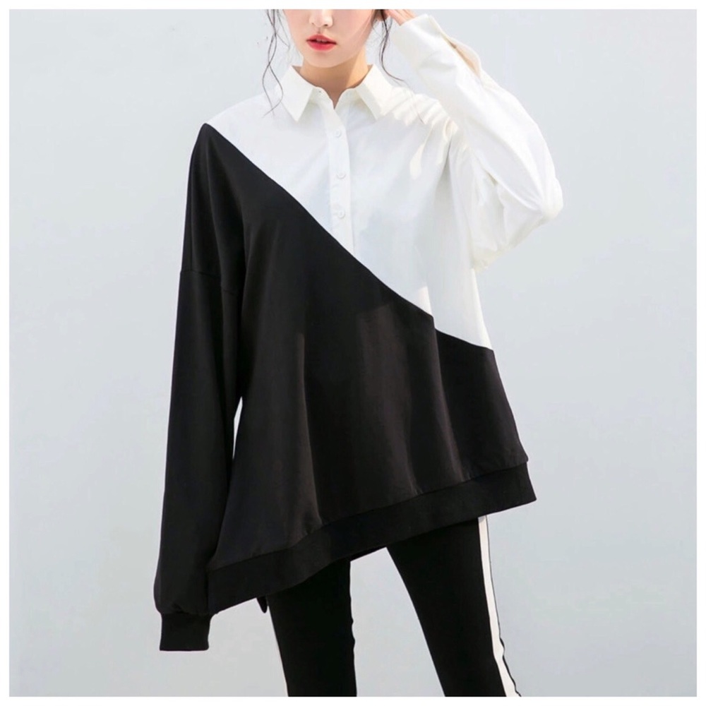 🛍 Black & White Stretch Color Block Top - Picture 2 of 6